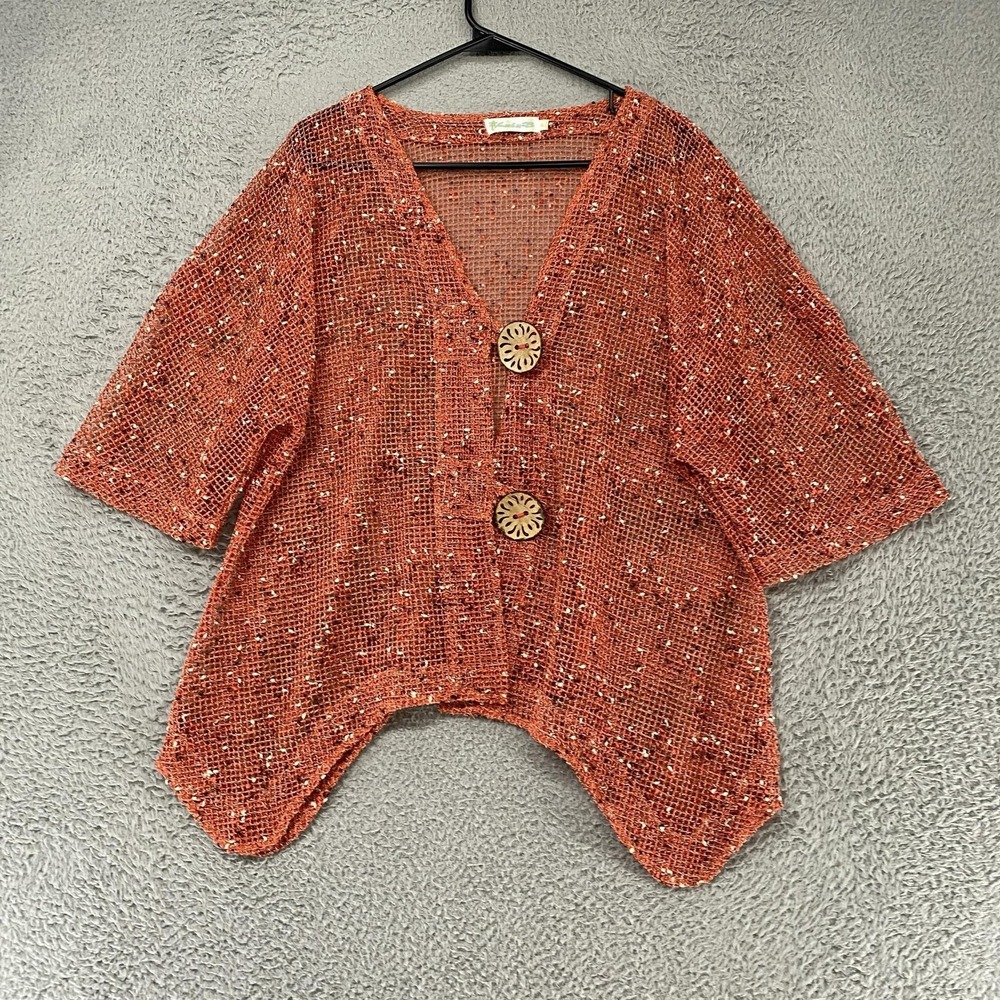 Lulu B Top Womens XL Sheer Crochet Open Knit Button Front Orange Lagenlook